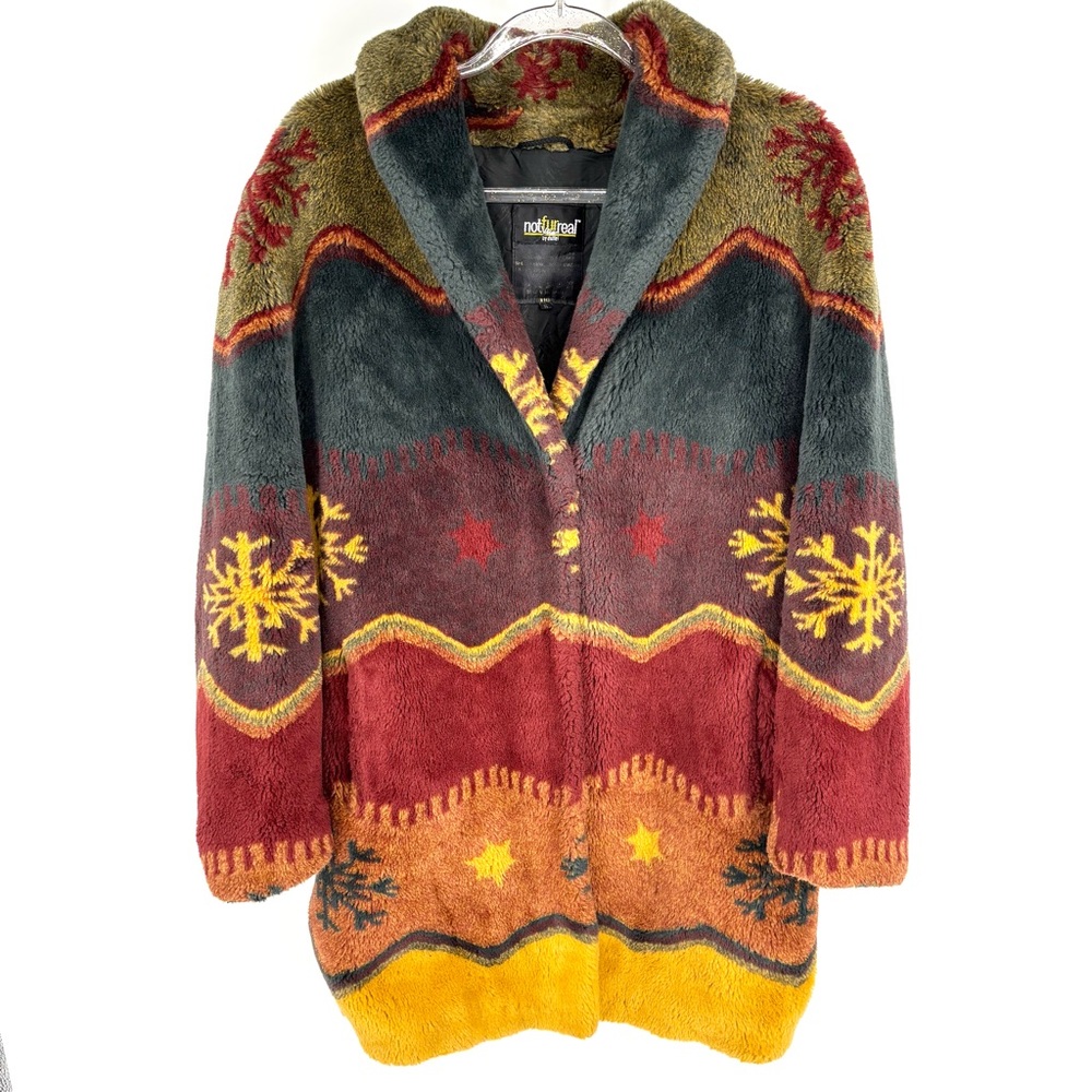 Vintage Faux Fur Coat Small Multi Color Printed Snowflake Star 80s Artfur‎ Cabin